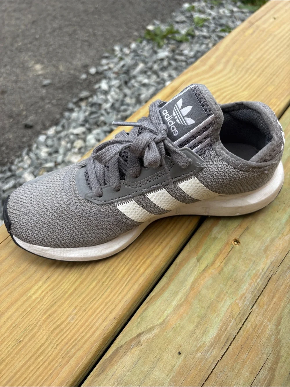 adidas Grey Knit Trainers with White Stripes